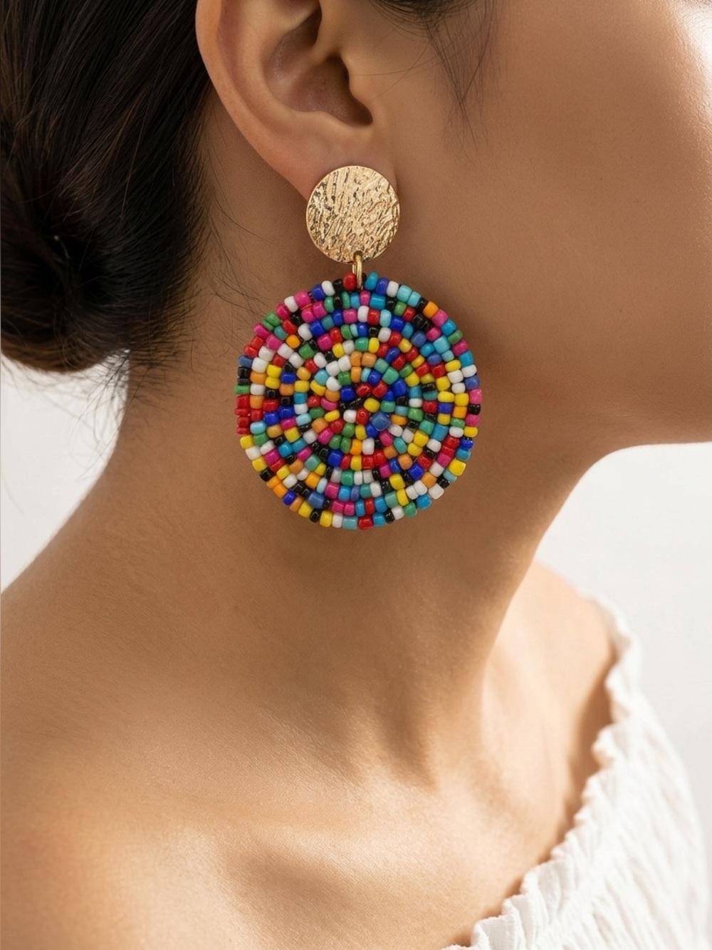 Multicolor Seed Bead Disc Drop Earrings - Gold Accent